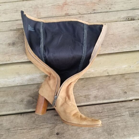 Vintage 90s y2k Candies Bratz Camel Tan Faux Suede Chunky Heel Sock Tall Boots 7 - Picture 8 of 12
